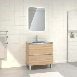 Aurlane Pack Meuble De Salle De Bain 80x50 Cm Chêne Blond + Vasque Argent + Miroir LED 60x80