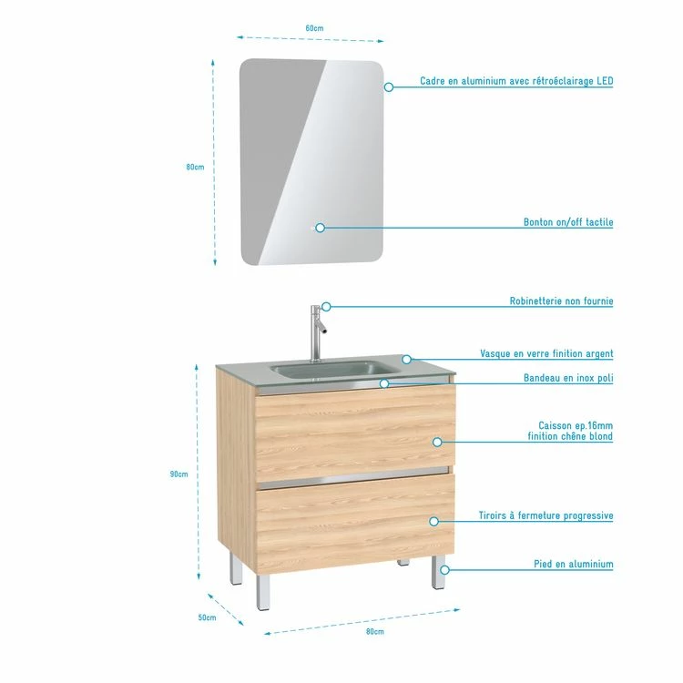 Aurlane Pack Meuble De Salle De Bain 80x50 Cm Chêne Blond + Vasque Argent + Miroir LED 60x80 4 Aurlane Pack Meuble De Salle De Bain 80x50 Cm Chêne Blond + Vasque Argent + Miroir LED 60x80 – Image 4