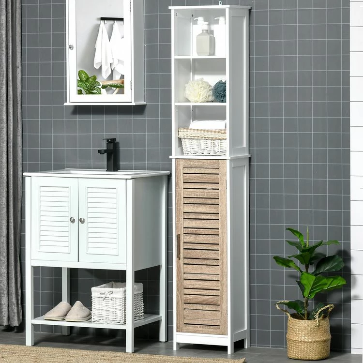 KLEANKIN Meuble Colonne Rangement Salle De Bain Style Cosy Dim. 34L X 26l X 172H Cm 3 Niches Porte Aspect Bois Lattes 3 étagères 2 KLEANKIN Meuble Colonne Rangement Salle De Bain Style Cosy Dim. 34L X 26l X 172H Cm 3 Niches Porte Aspect Bois Lattes 3 étagères – Image 2