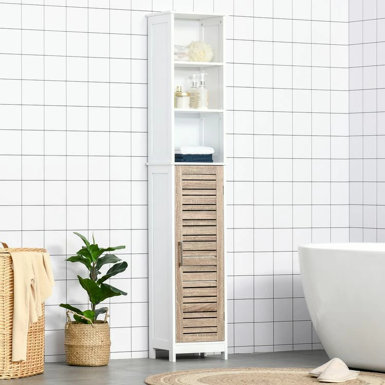 KLEANKIN Meuble Colonne Rangement Salle De Bain Style Cosy Dim. 34L X 26l X 172H Cm 3 Niches Porte Aspect Bois Lattes 3 étagères 4 KLEANKIN Meuble Colonne Rangement Salle De Bain Style Cosy Dim. 34L X 26l X 172H Cm 3 Niches Porte Aspect Bois Lattes 3 étagères – Image 4
