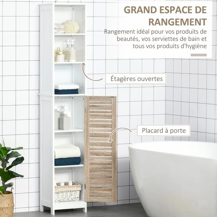 KLEANKIN Meuble Colonne Rangement Salle De Bain Style Cosy Dim. 34L X 26l X 172H Cm 3 Niches Porte Aspect Bois Lattes 3 étagères 5 KLEANKIN Meuble Colonne Rangement Salle De Bain Style Cosy Dim. 34L X 26l X 172H Cm 3 Niches Porte Aspect Bois Lattes 3 étagères – Image 5