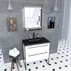 Aurlane Pack Meuble De Salle De Bain 80x50cm Blanc - 2 Tiroirs - Vasque Resine Noire Effet Pierre - Miroir