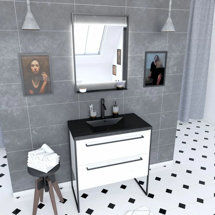 Aurlane Pack Meuble De Salle De Bain 80x50cm Blanc - 2 Tiroirs - Vasque Resine Noire Effet Pierre - Miroir 1 Aurlane Pack Meuble De Salle De Bain 80x50cm Blanc - 2 Tiroirs - Vasque Resine Noire Effet Pierre - Miroir