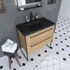 Aurlane Meuble De Salle De Bain 80x50cm Chêne Brun - 2 Tiroirs Chêne Brun- Vasque Résine Noire Effet Pierre
